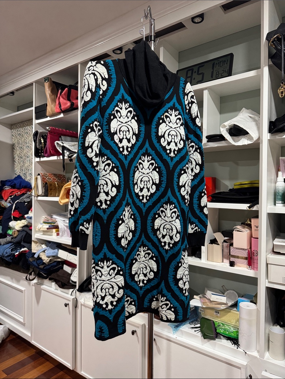 Blue and Black Patterned turtle neck Women's Sweater Dress